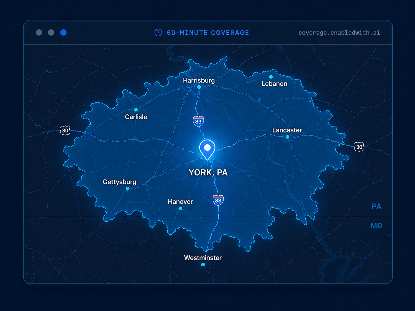 60-minute coverage area around York, PA — including Harrisburg, Lancaster, Carlisle, Gettysburg, Hanover, and Westminster